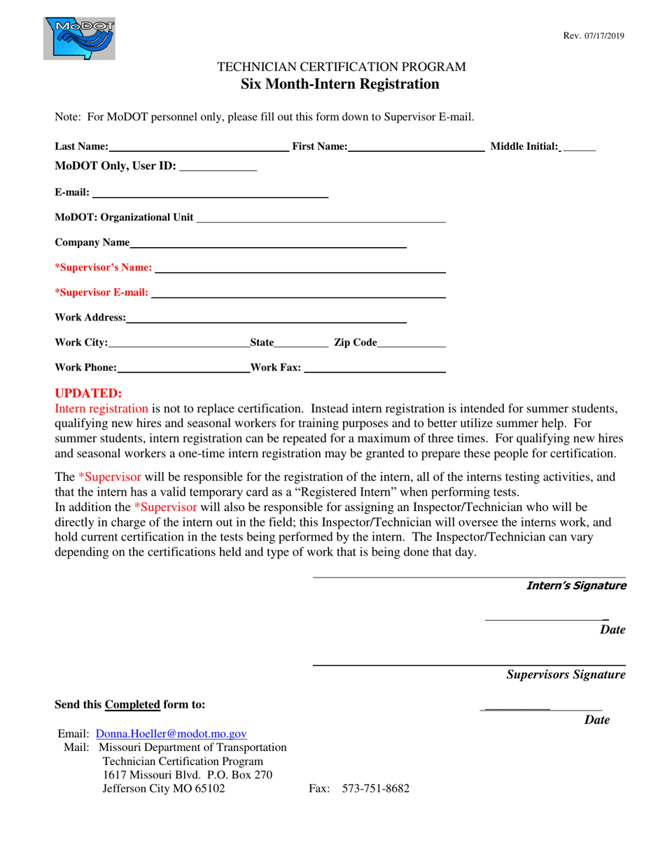 Six Month-Intern Registration - Technician Certification Program - Missouri, Page 1