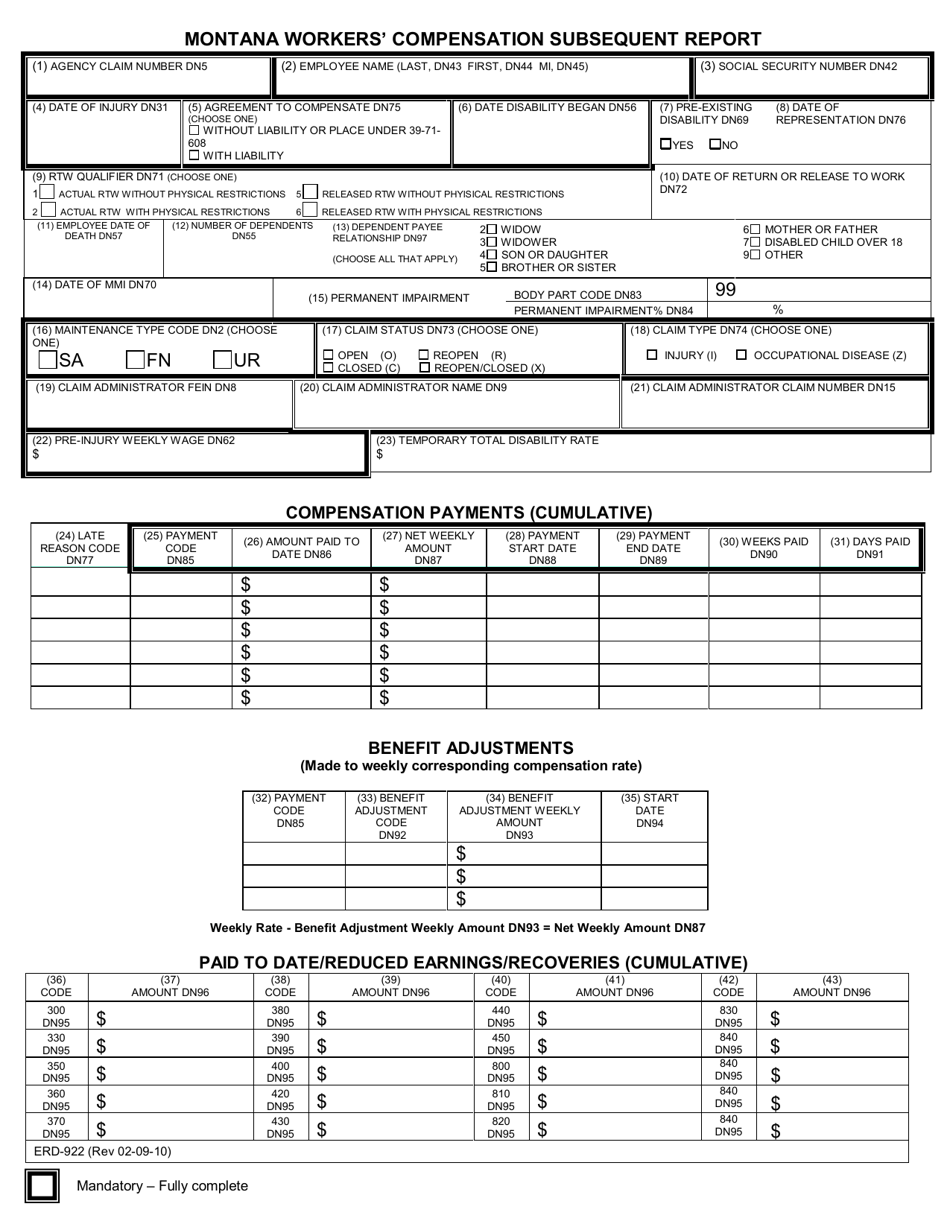 Form ERD-922 - Fill Out, Sign Online and Download Fillable PDF, Montana ...
