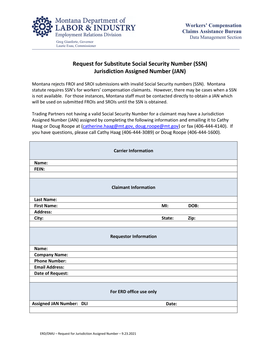 Request for Substitute Social Security Number (Ssn) Jurisdiction Assigned Number (Jan) - Montana, Page 1