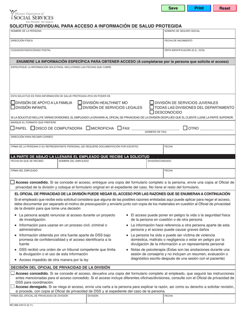 Formulario MO886-4451 Solicitud Individual Para Acceso a Informacion De Salud Protegida - Missouri (Spanish)