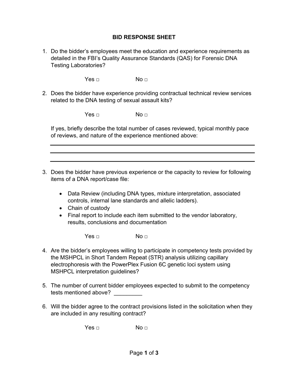 Bid Response Sheet - Missouri, Page 1