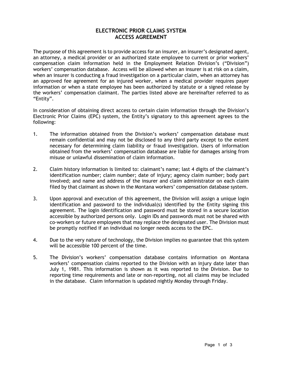 Electronic Prior Claims System Access Agreement - Montana, Page 1