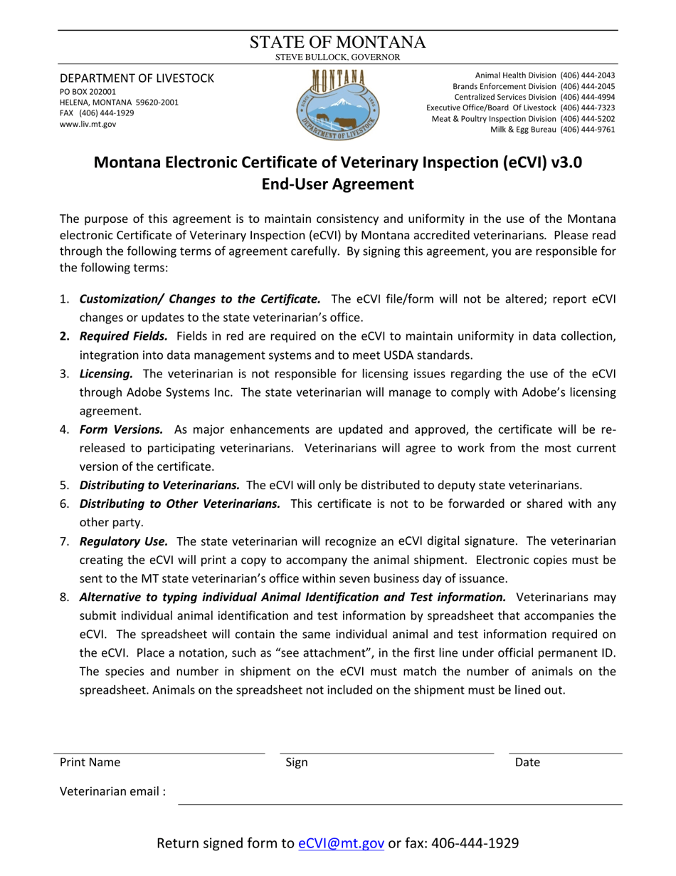 Montana Electronic Certificate of Veterinary Inspection (Ecvi) End-user Agreement - Montana, Page 1