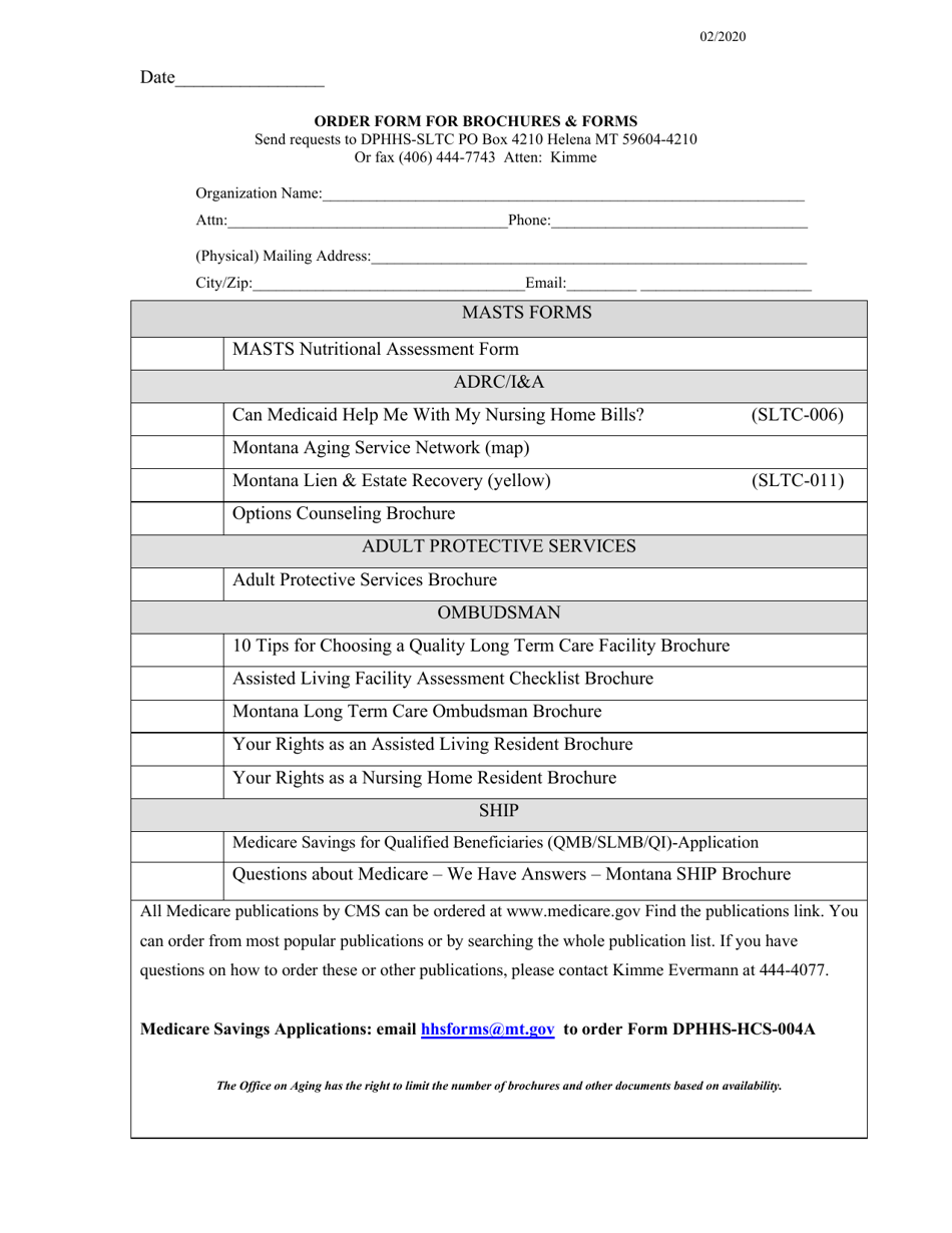 Order Form for Brochures  Forms - Montana, Page 1