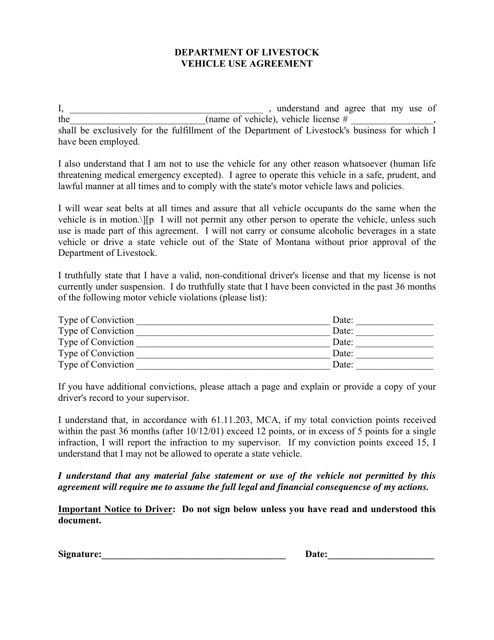 &quot;Vehicle Use Agreement&quot; - Montana Download Pdf