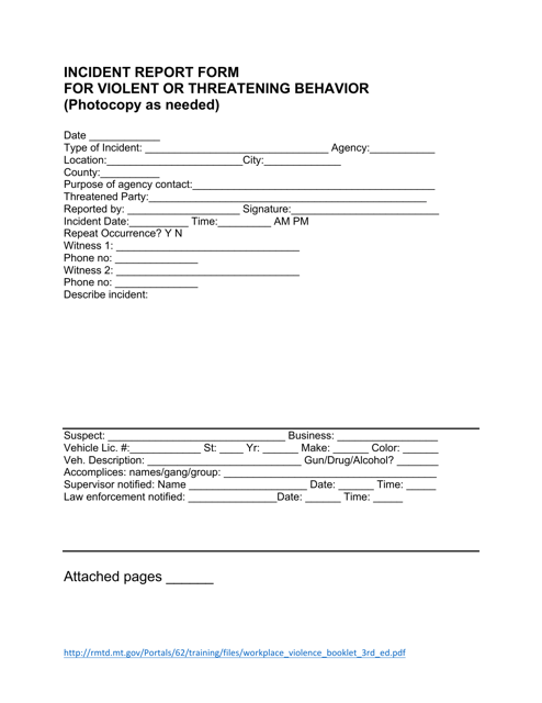 Incident Report Form for Violent or Threatening Behavior - Montana