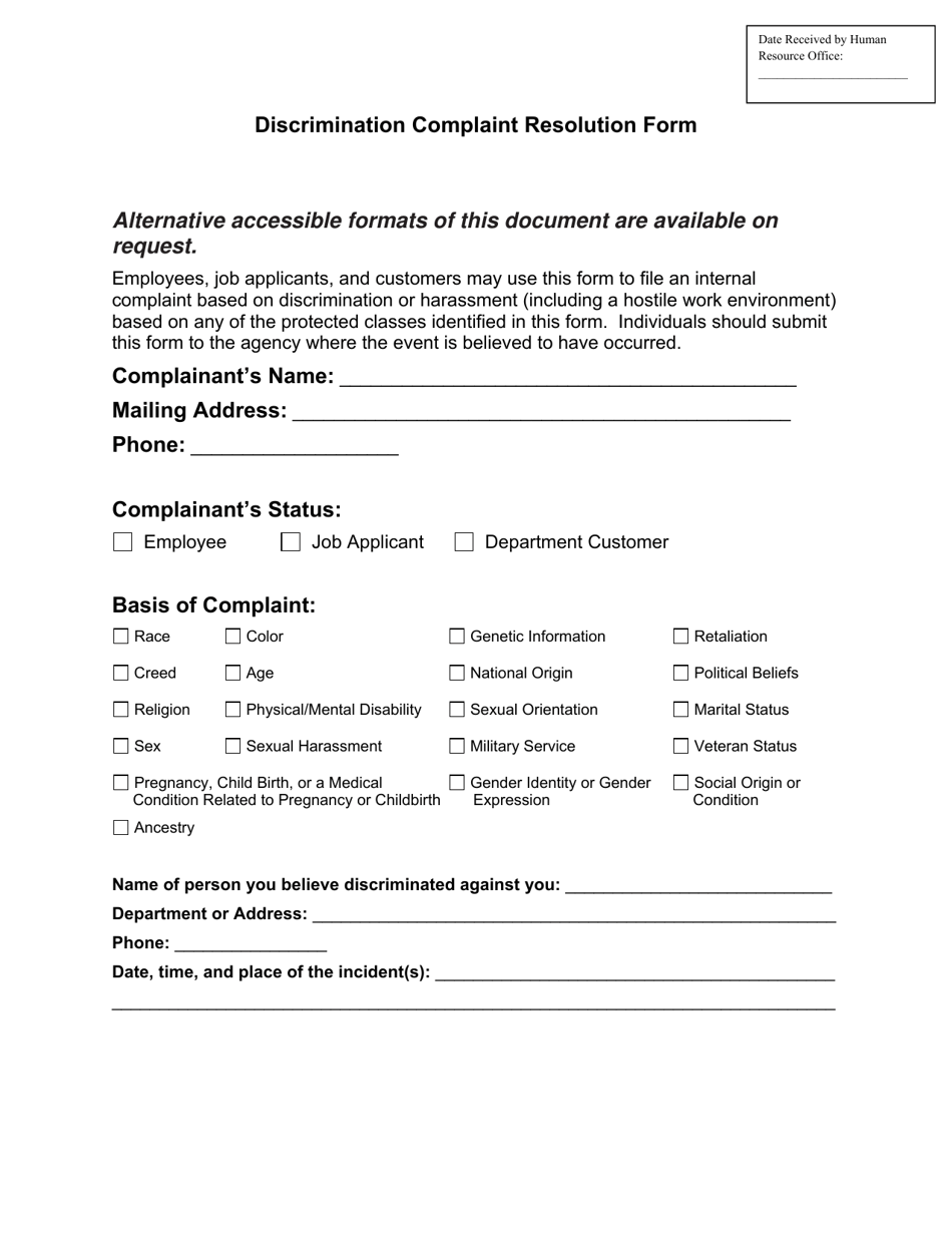 Discrimination Complaint Resolution Form - Montana, Page 1