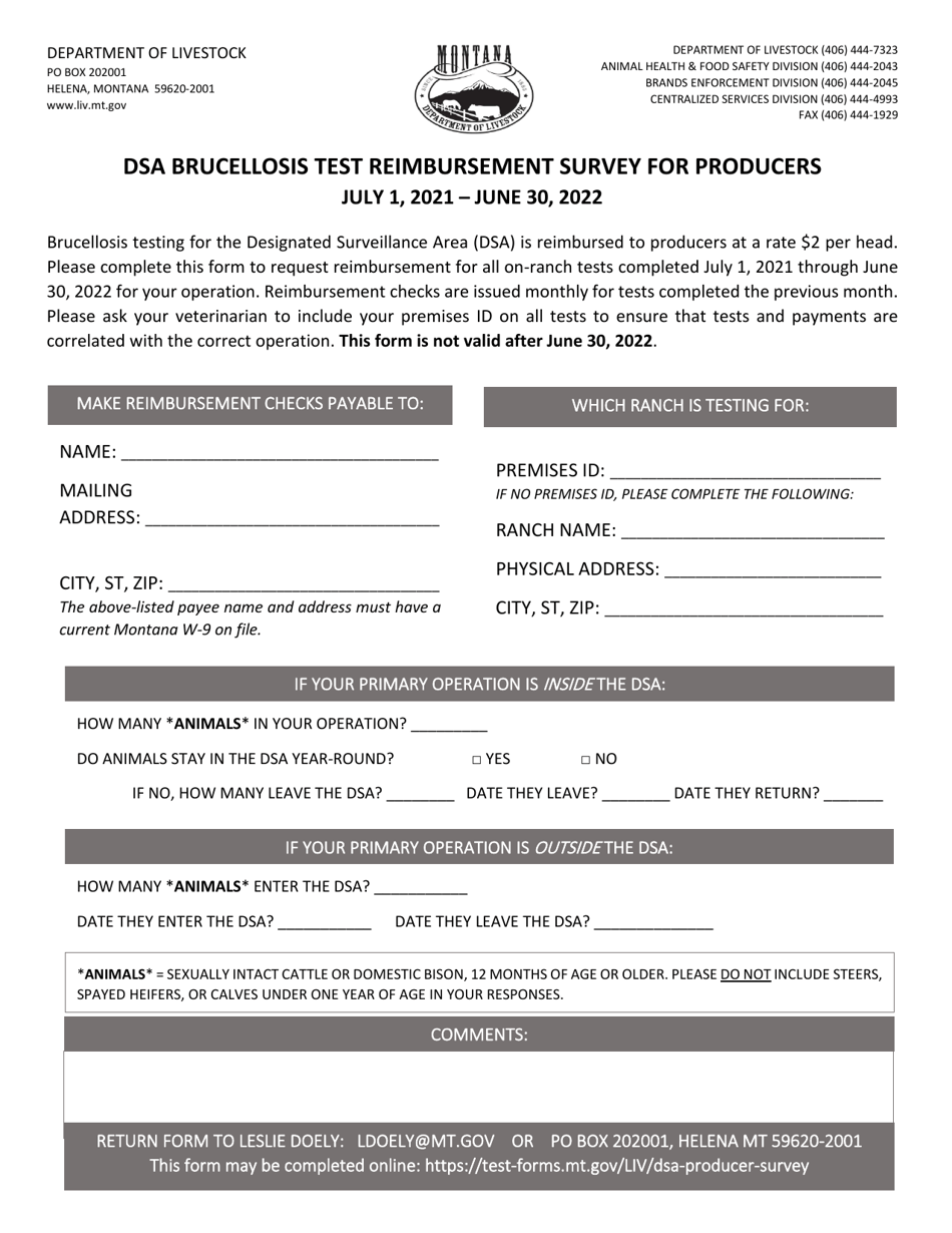 Dsa Brucellosis Test Reimbursement Survey for Producers - Montana, Page 1
