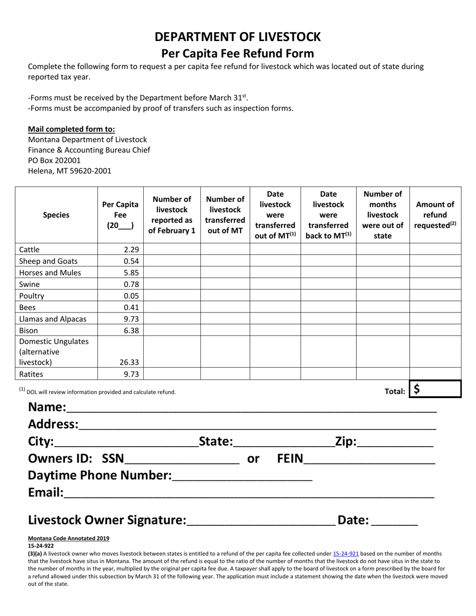 Montana Per Capita Fee Refund Form Fill Out, Sign Online and Download