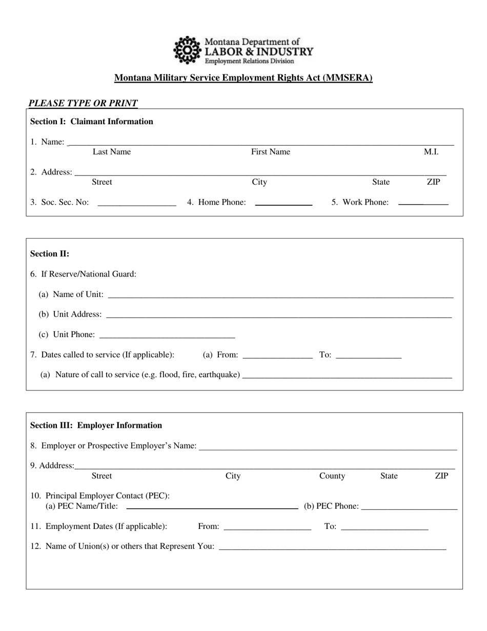 Montana Military Service Employment Rights Act (Mmsera) Complaint Form - Montana, Page 1