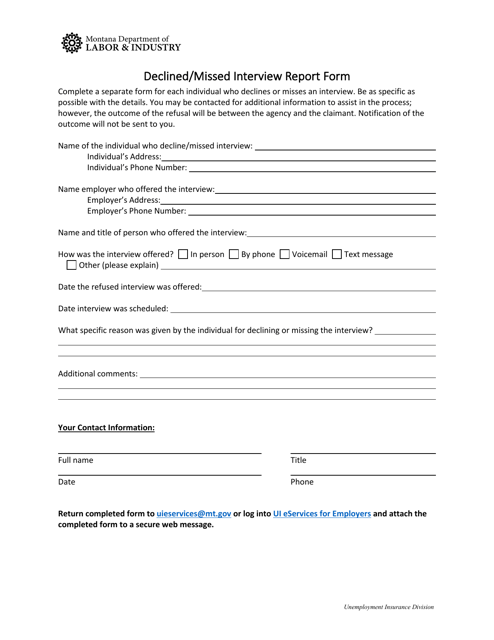 Declined / Missed Interview Report Form - Montana Download Pdf
