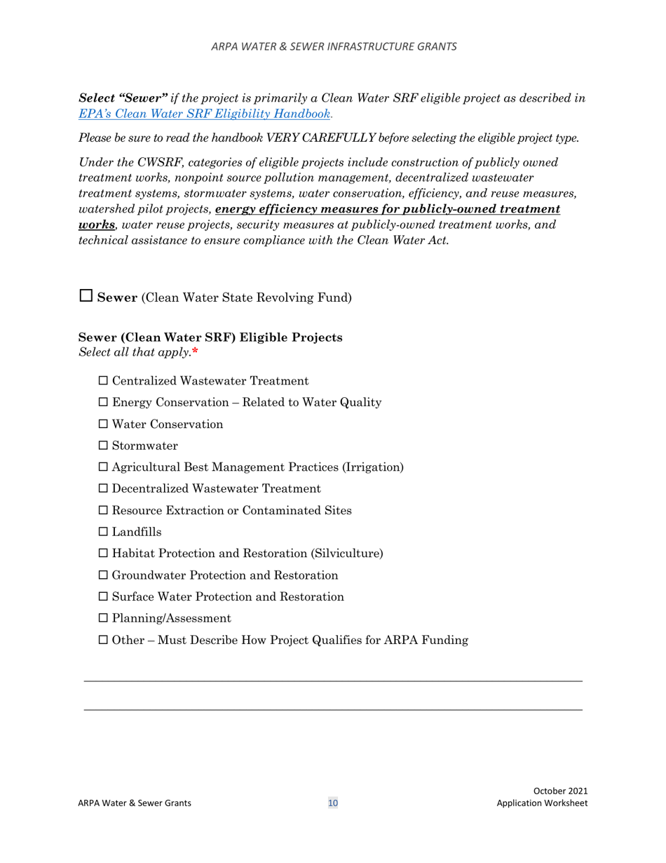 Arpa Water  Sewer Infrastructure Grant Application Worksheet - Montana, Page 10