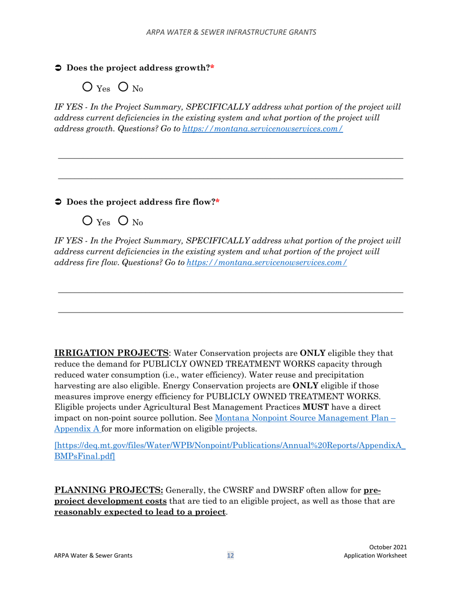 Arpa Water  Sewer Infrastructure Grant Application Worksheet - Montana, Page 12