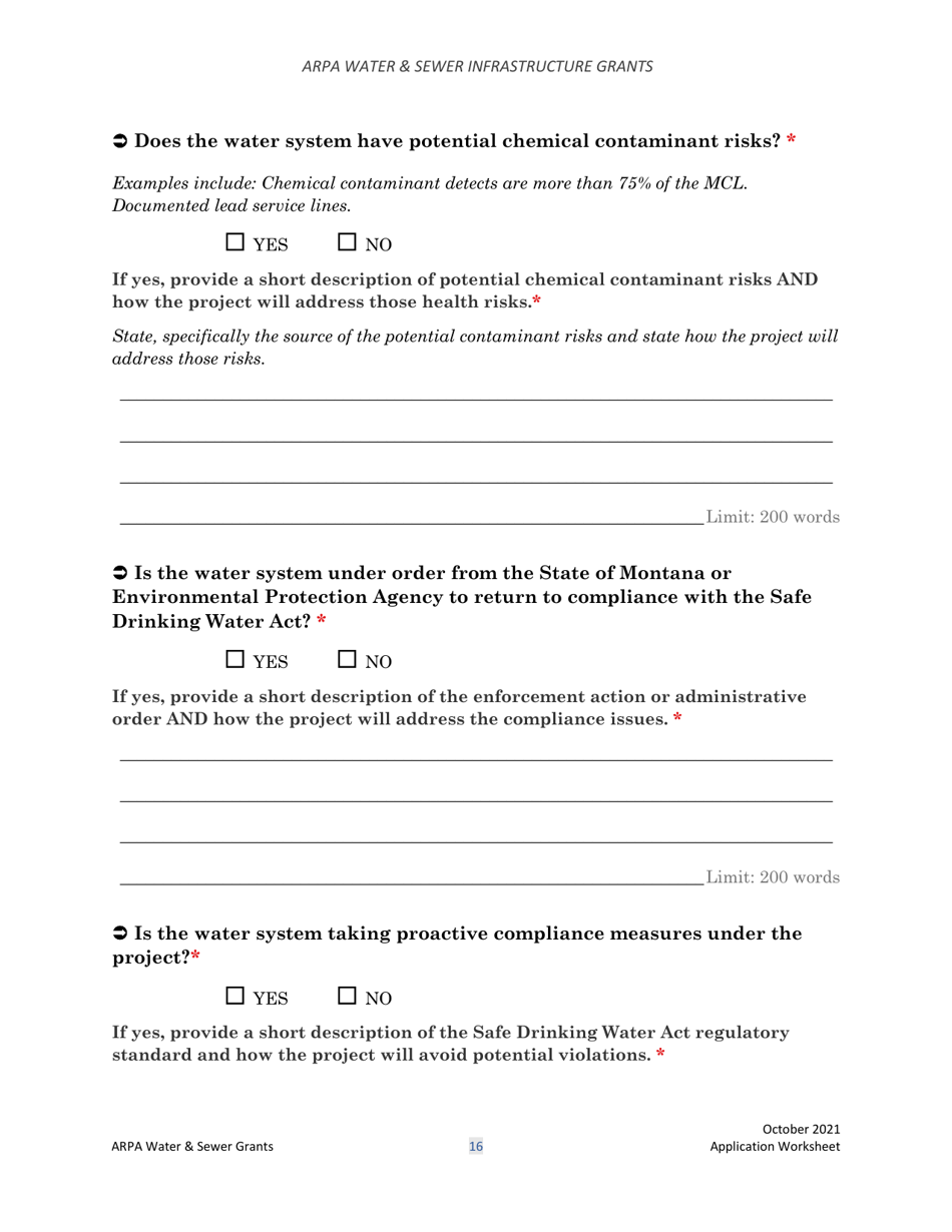 Arpa Water  Sewer Infrastructure Grant Application Worksheet - Montana, Page 16