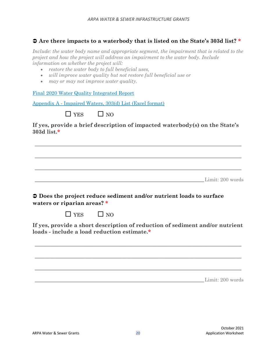 Arpa Water  Sewer Infrastructure Grant Application Worksheet - Montana, Page 20