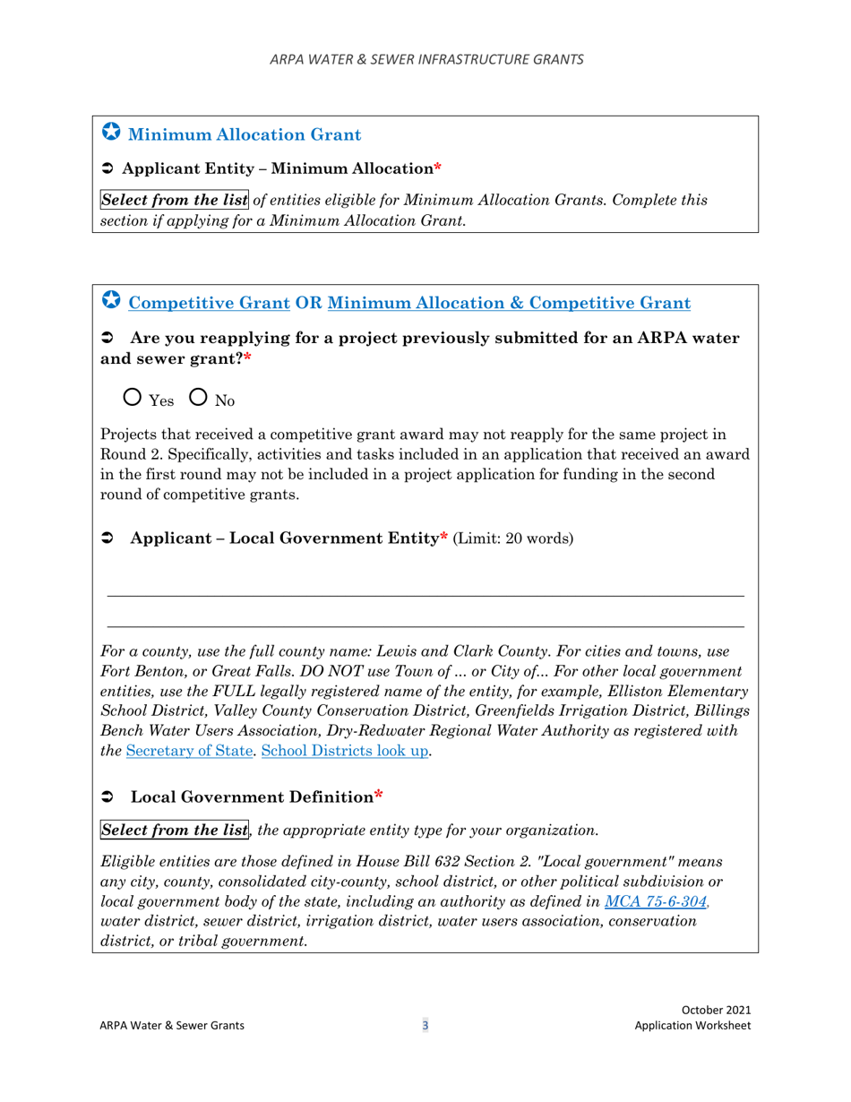 Arpa Water  Sewer Infrastructure Grant Application Worksheet - Montana, Page 3