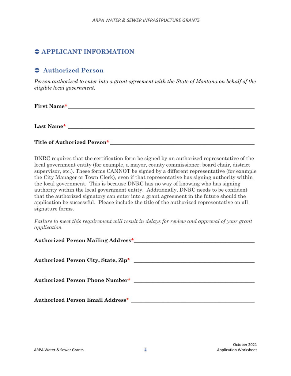 Arpa Water  Sewer Infrastructure Grant Application Worksheet - Montana, Page 4