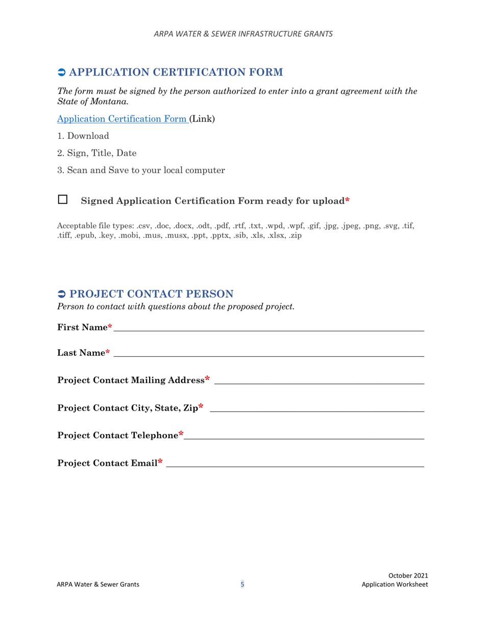 Arpa Water  Sewer Infrastructure Grant Application Worksheet - Montana, Page 5