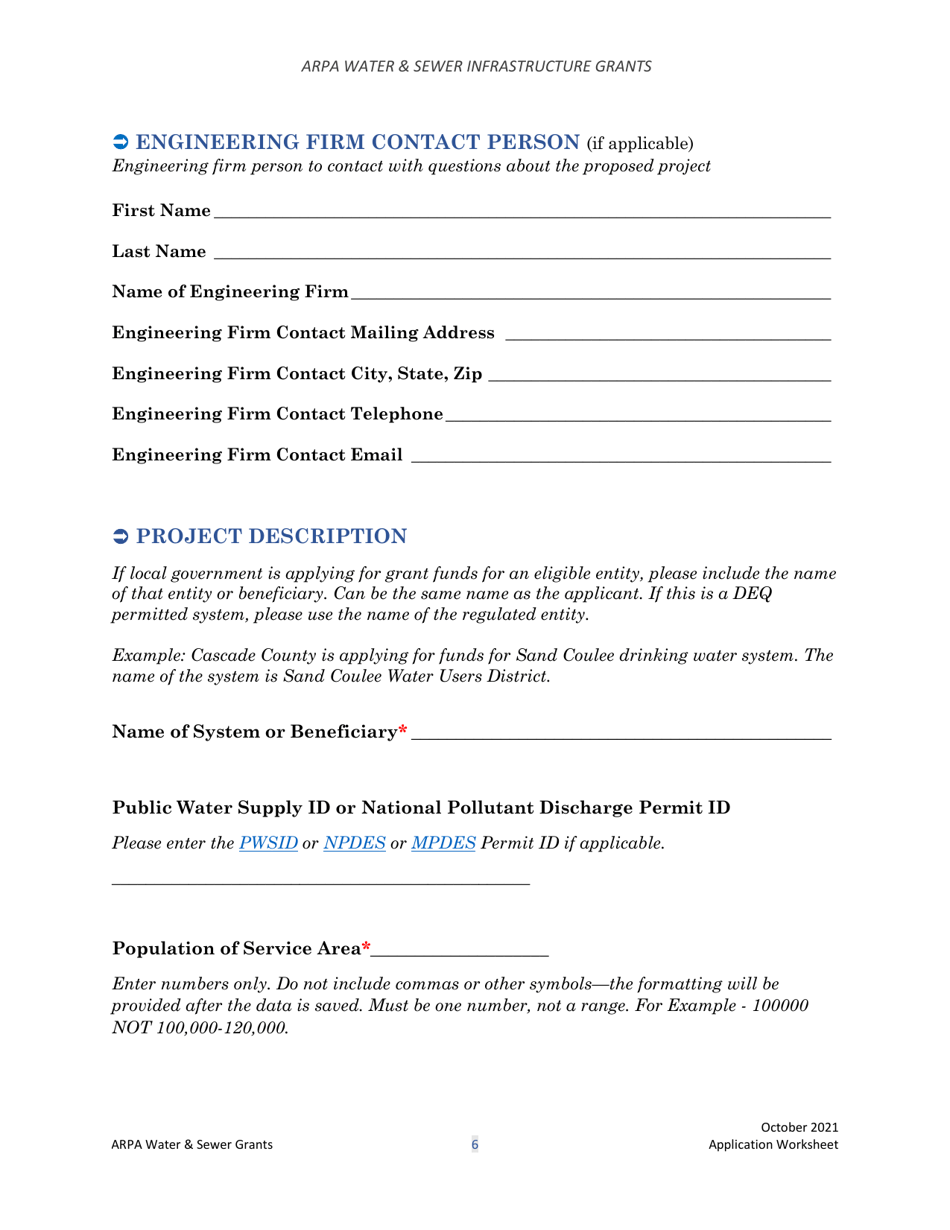 Arpa Water  Sewer Infrastructure Grant Application Worksheet - Montana, Page 6