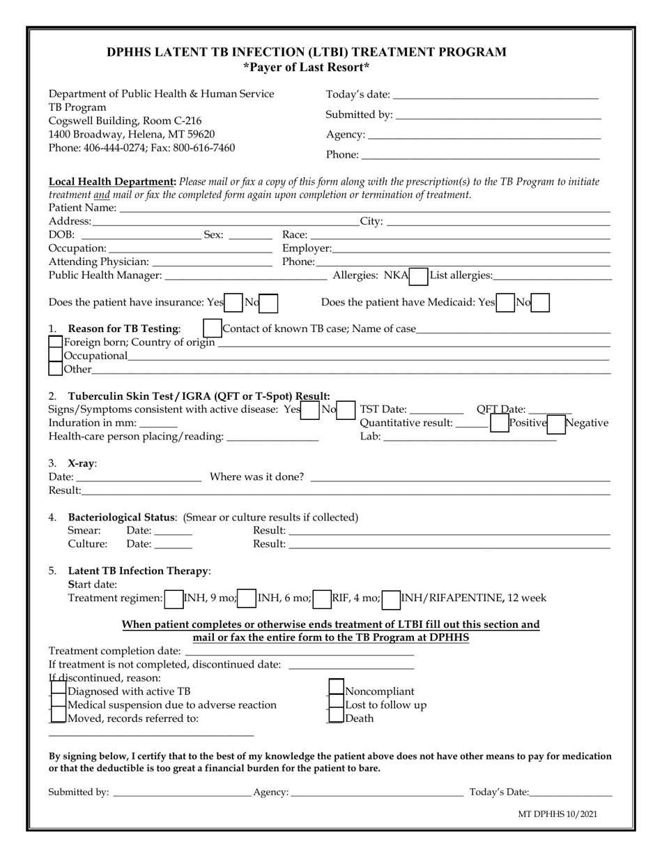 Latent Tb Infection (Ltbi) Treatment Program Enrollment Form - Montana, Page 1