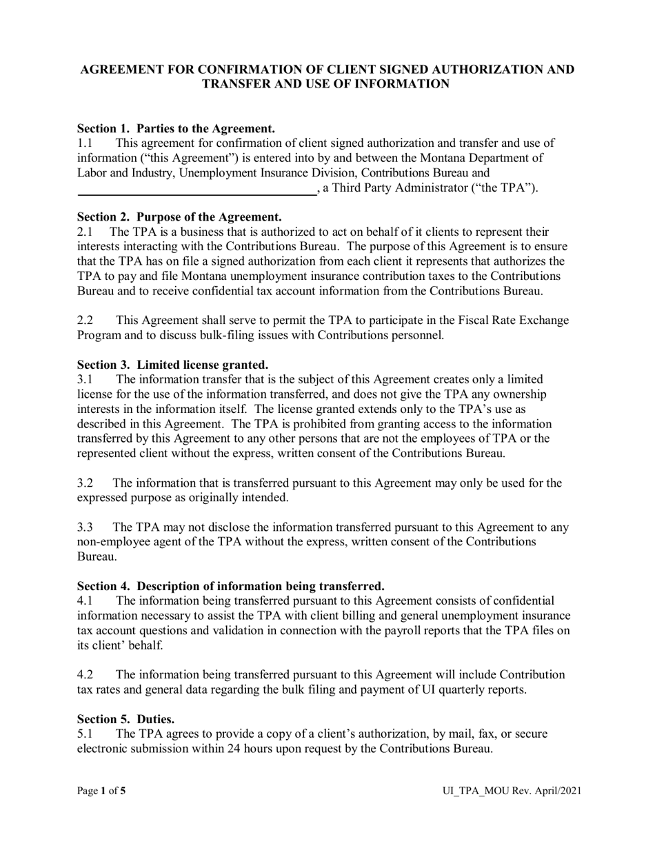 Agreement for Confirmation of Client Signed Authorization and Transfer and Use of Information - Montana, Page 1