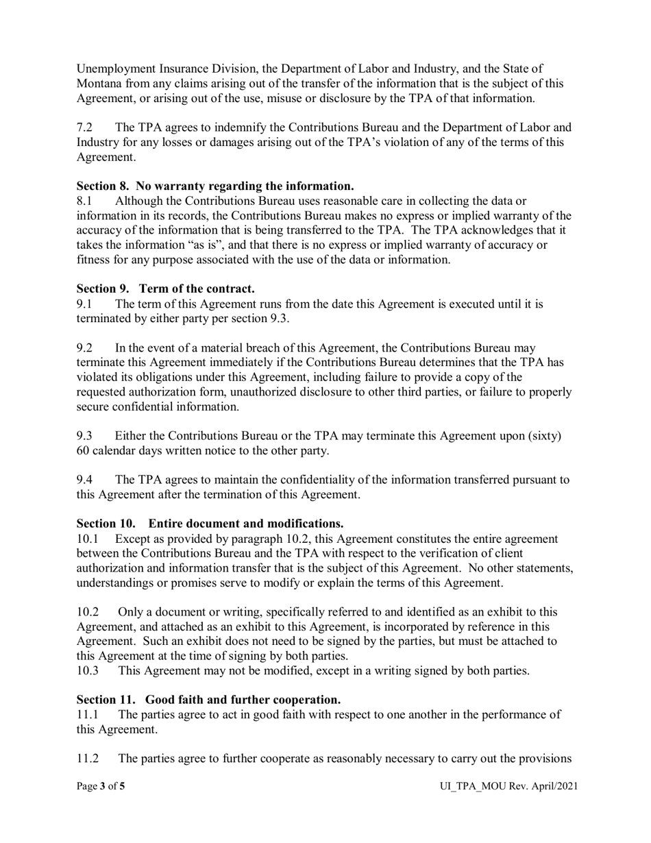 Agreement for Confirmation of Client Signed Authorization and Transfer and Use of Information - Montana, Page 3