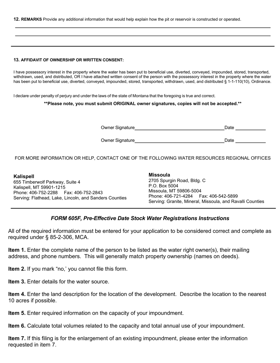 Form 605F Pre-effective Date Stock Water Development Registration of Previously Unrecorded Existing Stock Water Pit / Reservoir Uses on the Flathead Reservation - Montana, Page 3