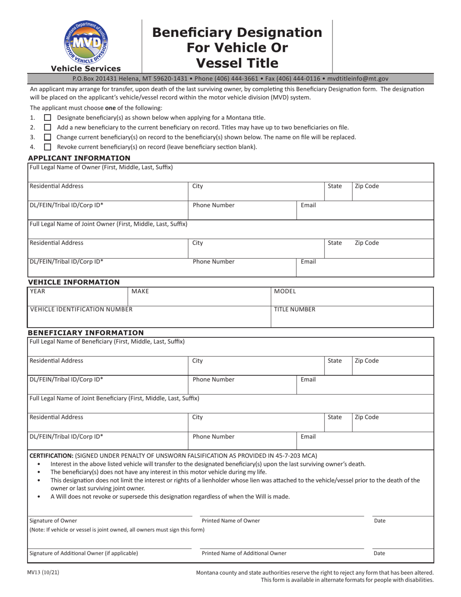 Form MV13 Beneficiary Designation for Vehicle or Vessel Title - Montana, Page 1