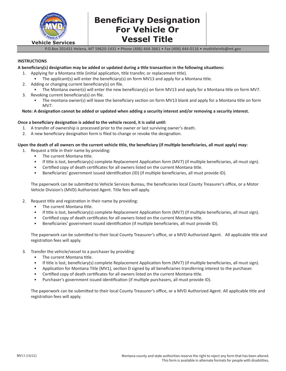 Form MV13 Beneficiary Designation for Vehicle or Vessel Title - Montana, Page 2