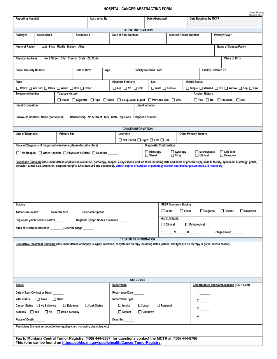 Form TR-003 Hospital Cancer Abstracting Form - Montana, Page 1