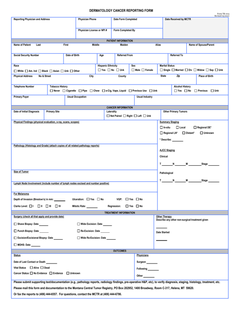 Form TR-003 Dermatology Cancer Reporting Form - Montana