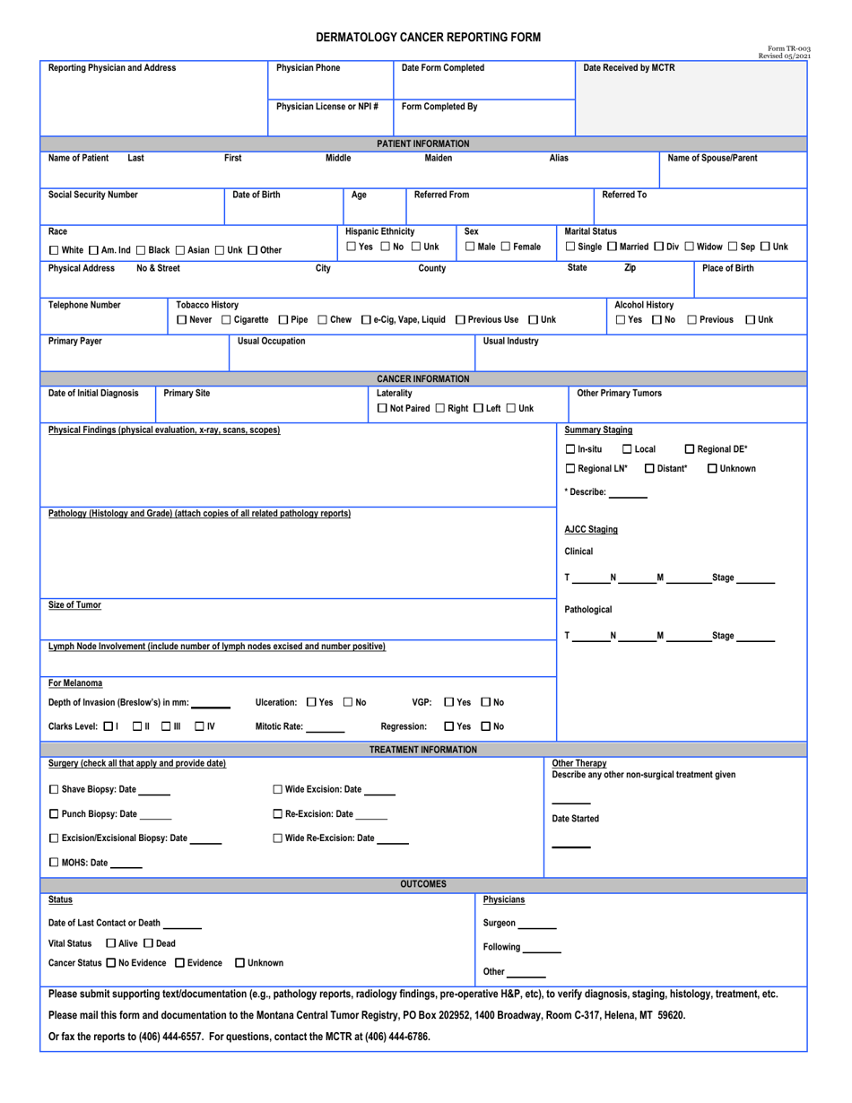 Form TR-003 Dermatology Cancer Reporting Form - Montana, Page 1