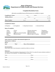 Document preview: Complaint Resolution Form - Montana