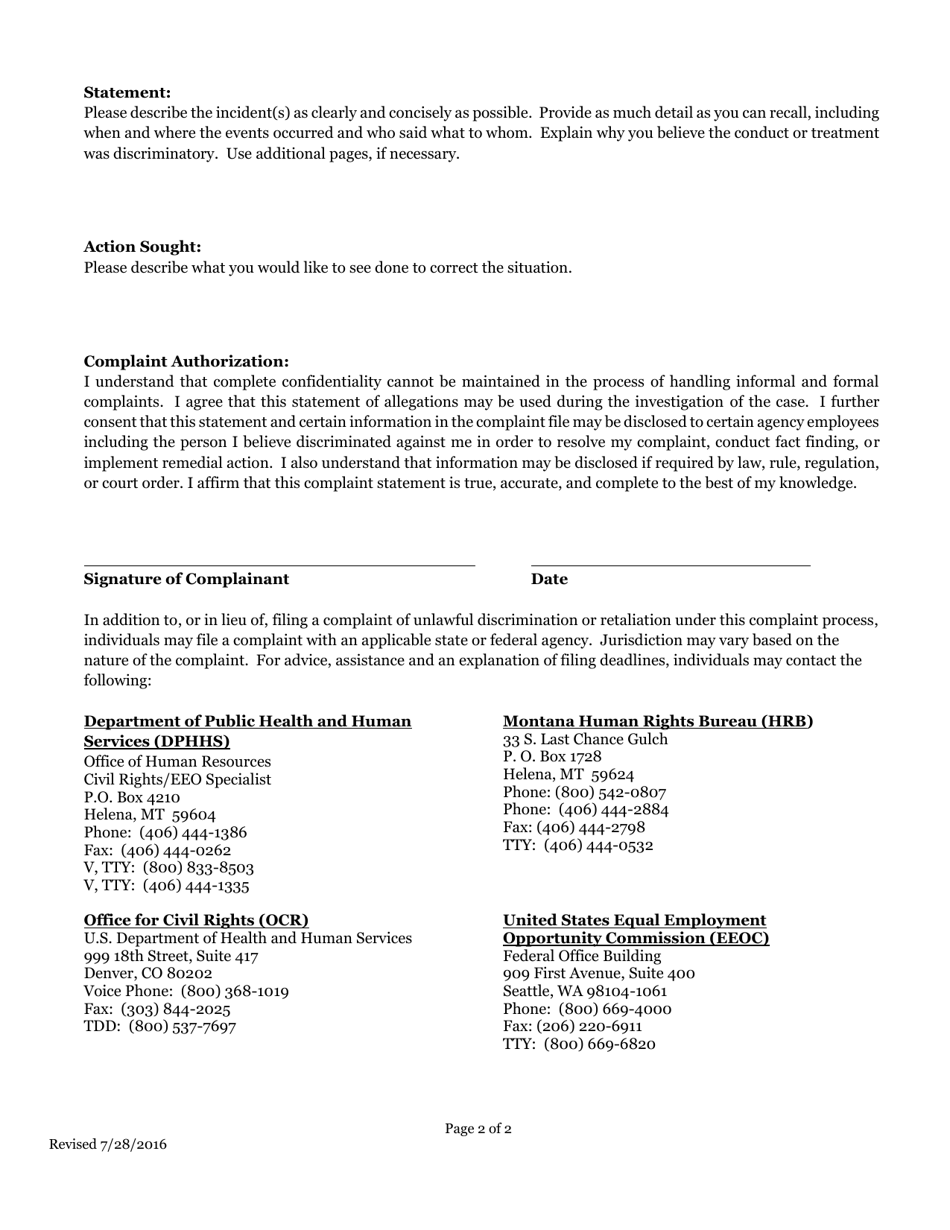 Complaint Resolution Form - Montana, Page 2