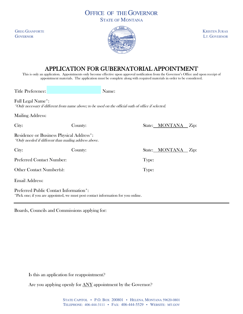 Application for Gubernatorial Appointment - Montana, Page 1