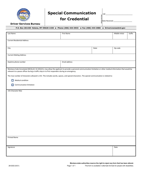Form 28-0202 Special Communication for Credential - Montana