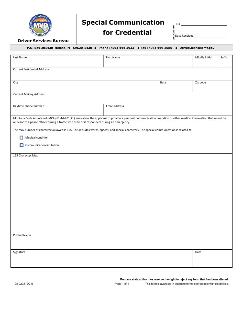 Form 28-0202 Special Communication for Credential - Montana, Page 1