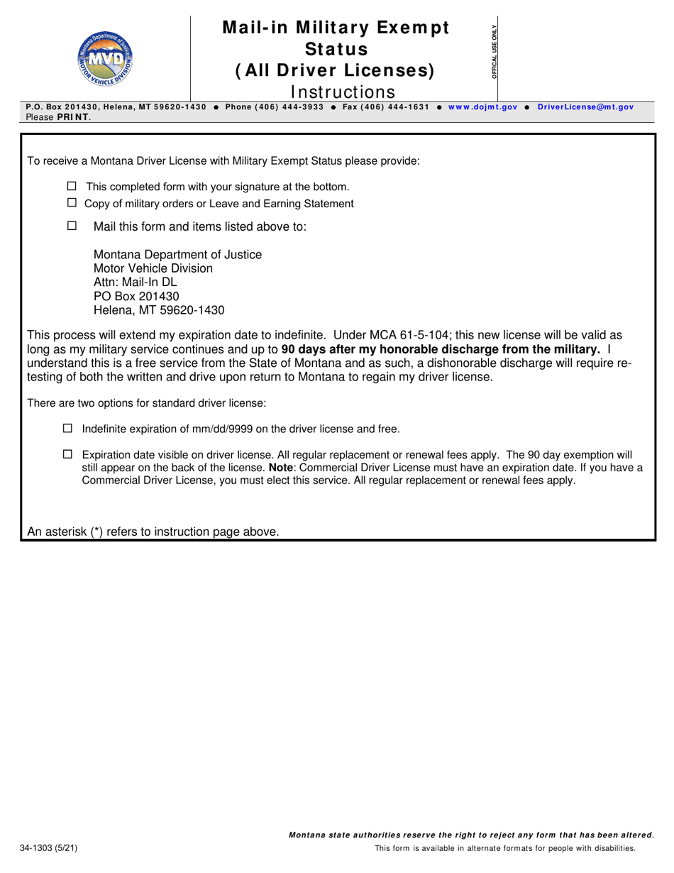 Form 34-1303 Mail-In Military Exempt Status (All Driver Licenses) - Montana, Page 1