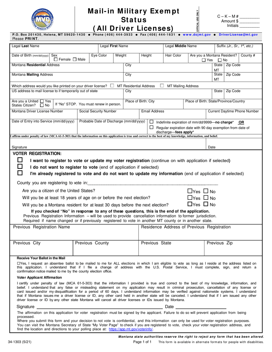 Form 34-1303 Mail-In Military Exempt Status (All Driver Licenses) - Montana, Page 2