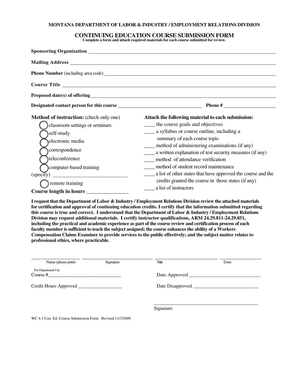 Form WC4.1 Continuing Education Course Submission Form - Montana, Page 1