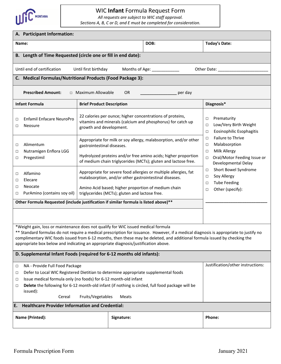 Wic Infant Formula Request Form - Montana, Page 1