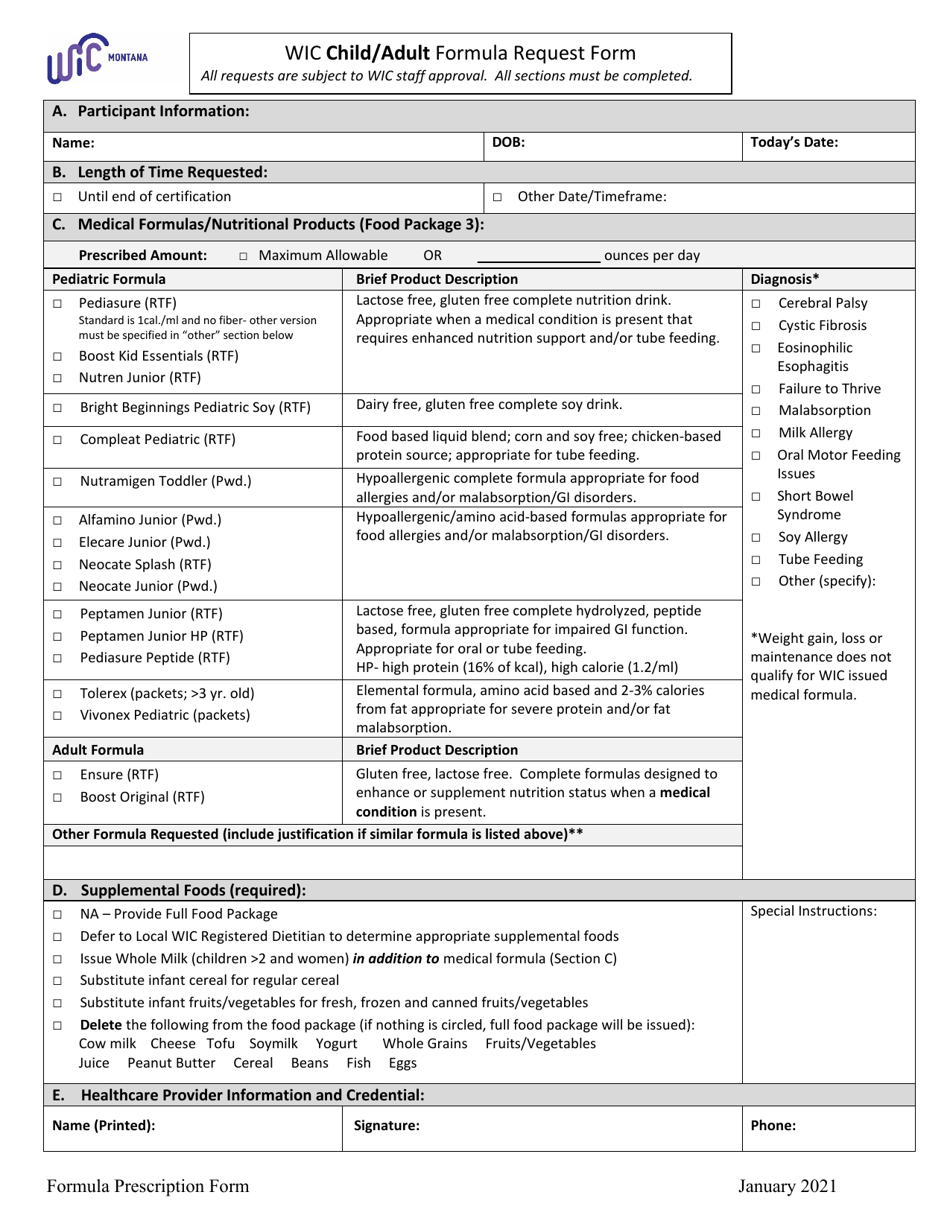 Wic Infant Formula Request Form - Montana, Page 2