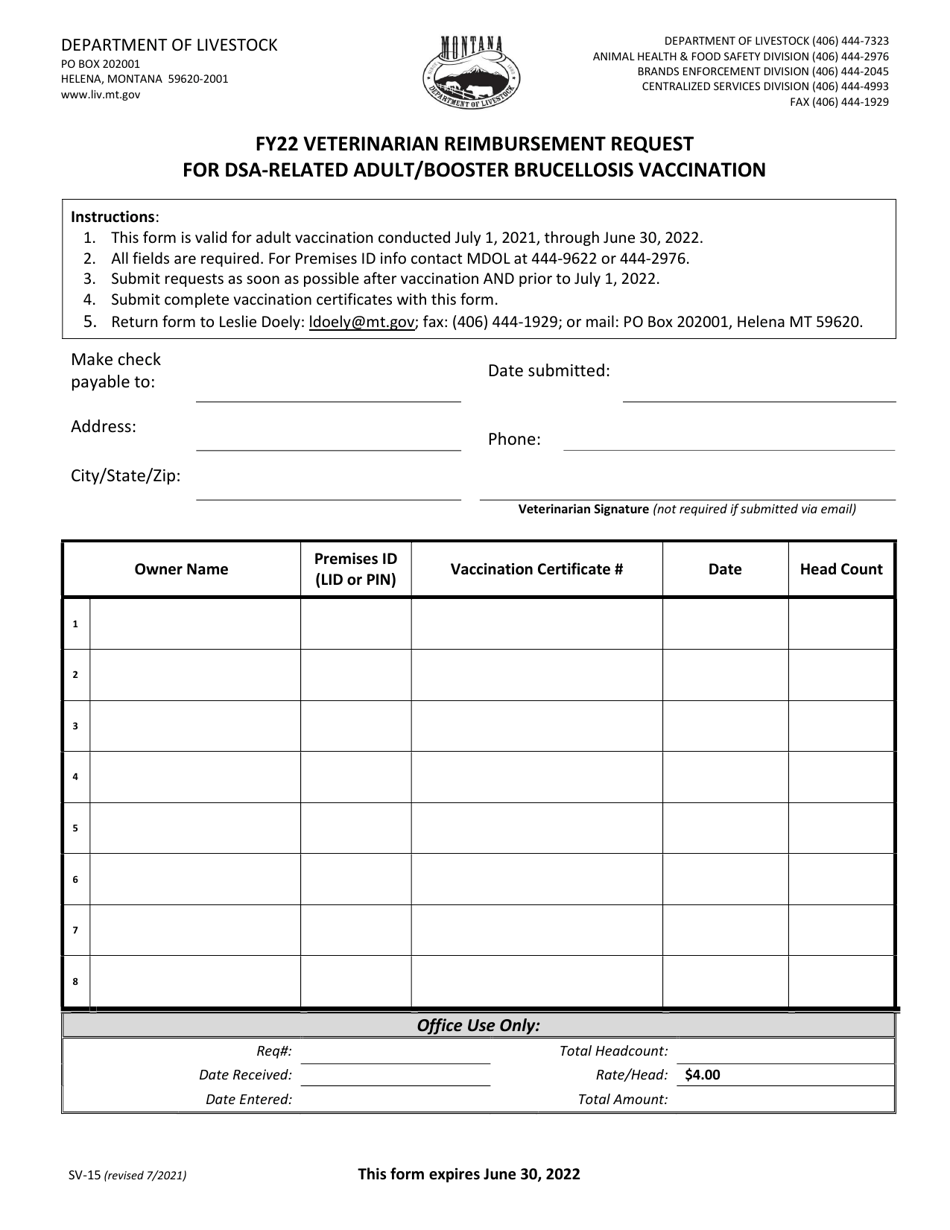 Form SV-15 Veterinarian Reimbursement Request for Dsa-Related Adult / Booster Brucellosis Vaccination - Montana, Page 1
