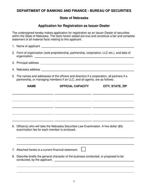 Application for Registration as Issuer-Dealer - Nebraska Download Pdf