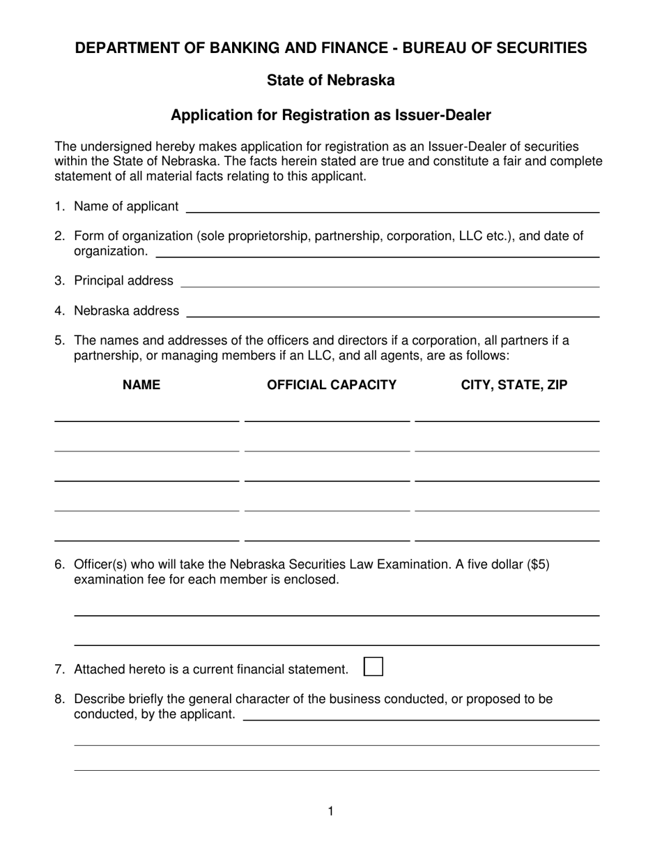 Application for Registration as Issuer-Dealer - Nebraska, Page 1