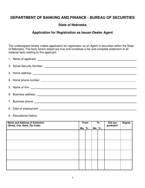 Application for Registration as Issuer-Dealer Agent - Nebraska