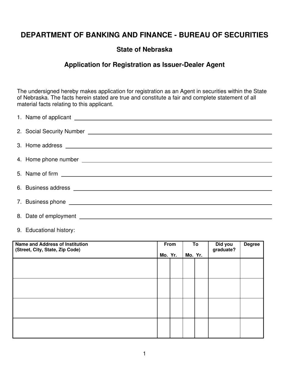 Application for Registration as Issuer-Dealer Agent - Nebraska, Page 1