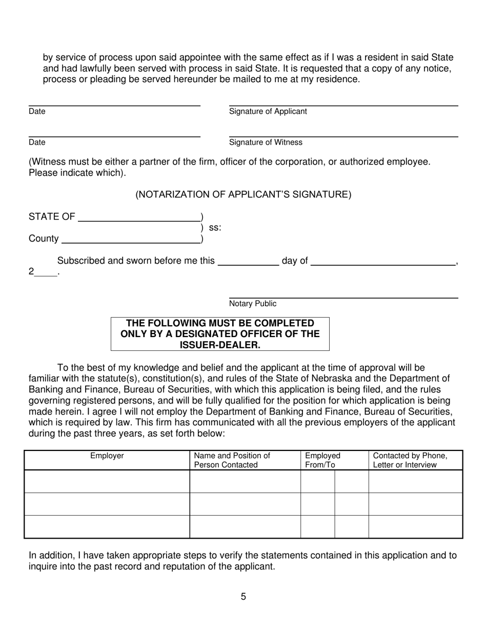 Application for Registration as Issuer-Dealer Agent - Nebraska, Page 5