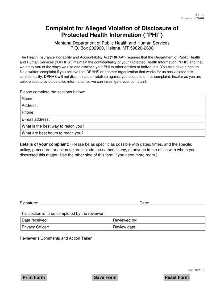 Form HPS-404 Complaint for Alleged Violation of Disclosure of Protected Health Information (Phi) - Montana, Page 1