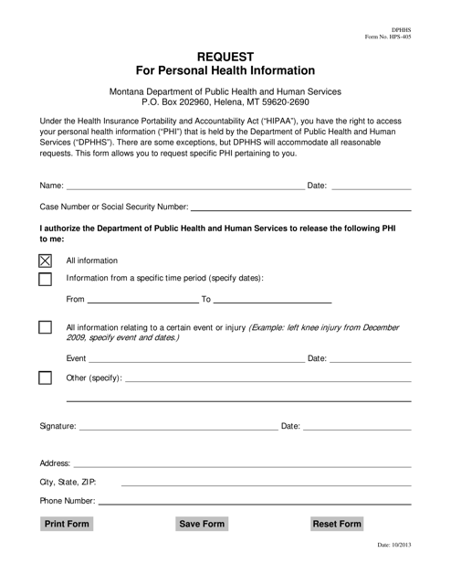 Form HSP-405 Request for Personal Health Information - Montana